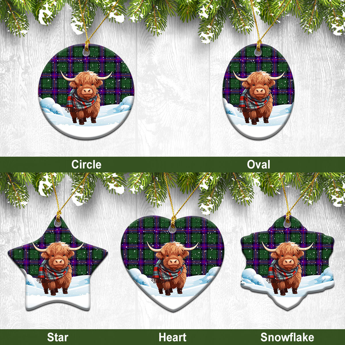 Armstrong Modern Tartan Christmas Ceramic Ornament - Highland Cows Snow Style