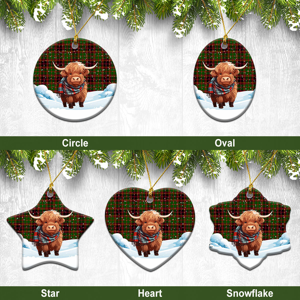 Buchan Modern Tartan Christmas Ceramic Ornament - Highland Cows Snow Style