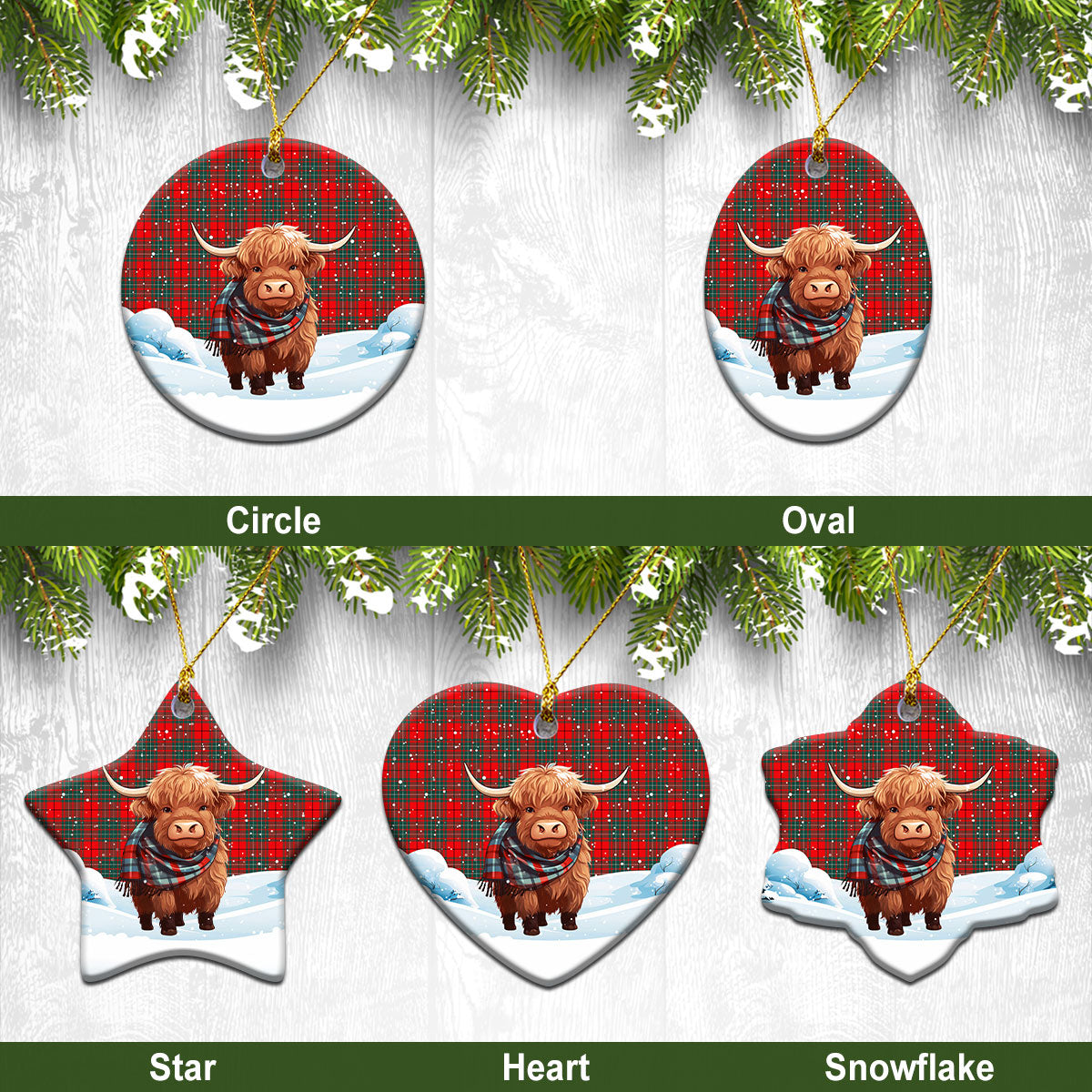 Cheyne Tartan Christmas Ceramic Ornament - Highland Cows Snow Style