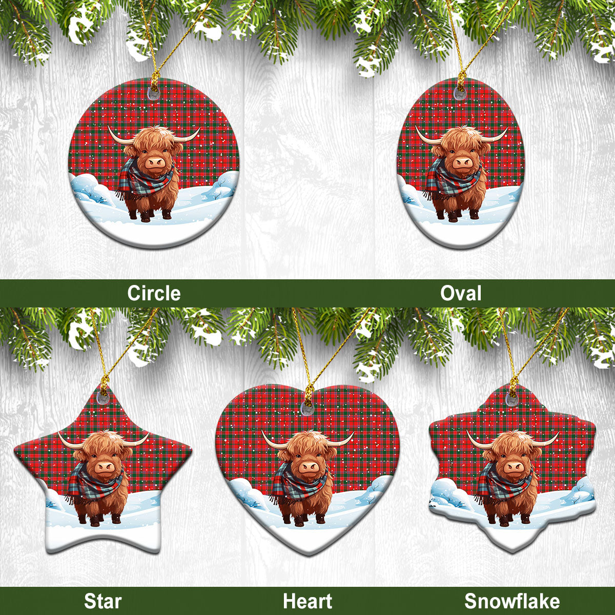 Dalziel Modern Tartan Christmas Ceramic Ornament - Highland Cows Snow Style