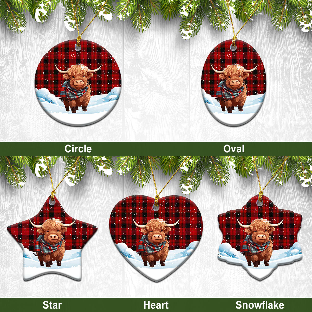 Ewing Tartan Christmas Ceramic Ornament - Highland Cows Snow Style