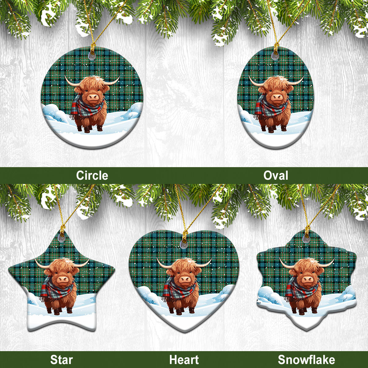 Ferguson Ancient Tartan Christmas Ceramic Ornament - Highland Cows Snow Style