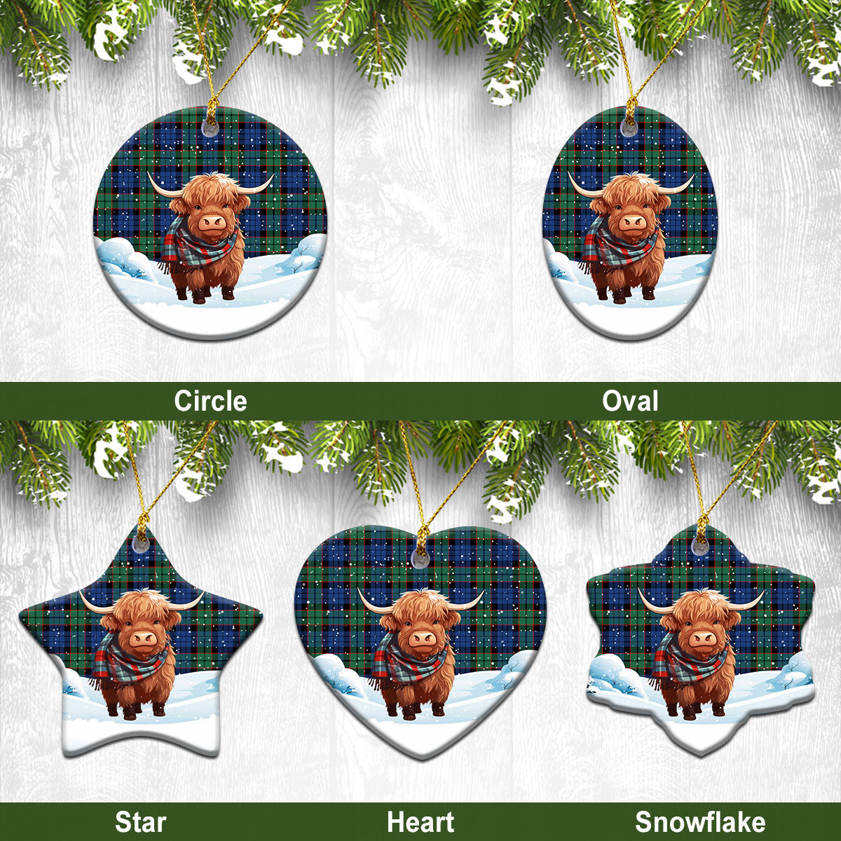 Fletcher Ancient Tartan Christmas Ceramic Ornament - Highland Cows Snow Style