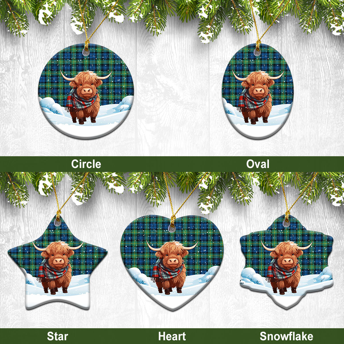 Gordon Ancient Tartan Christmas Ceramic Ornament - Highland Cows Snow Style