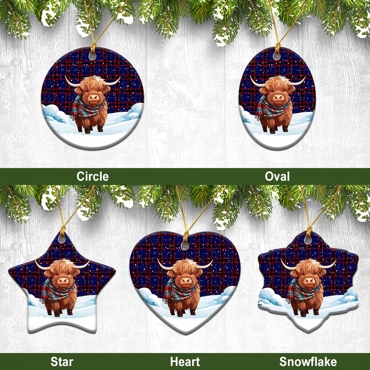 Home Modern Tartan Christmas Ceramic Ornament - Highland Cows Snow Style