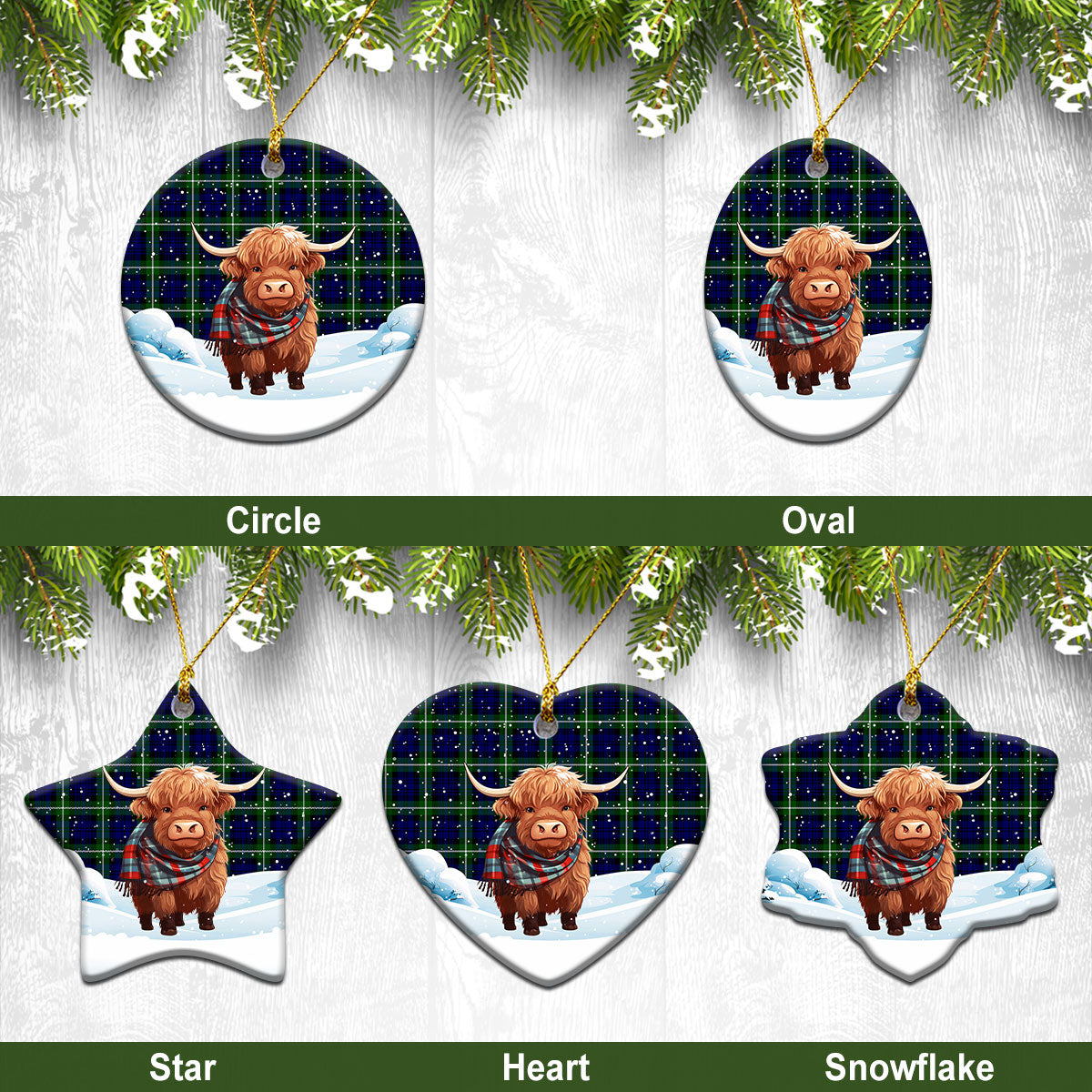 Lammie Tartan Christmas Ceramic Ornament - Highland Cows Snow Style