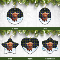 Laws Tartan Christmas Ceramic Ornament - Highland Cows Snow Style