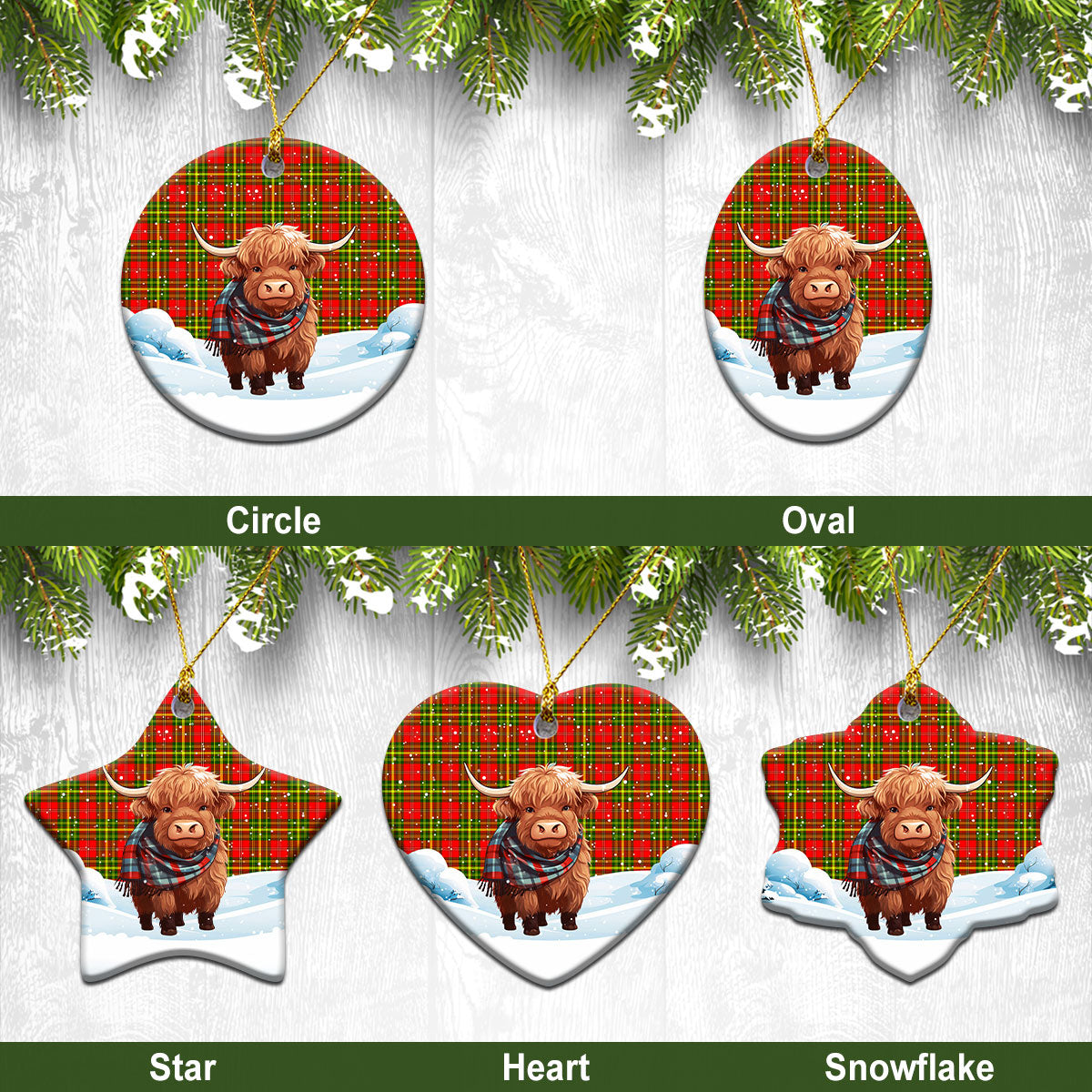 Leask Tartan Christmas Ceramic Ornament - Highland Cows Snow Style