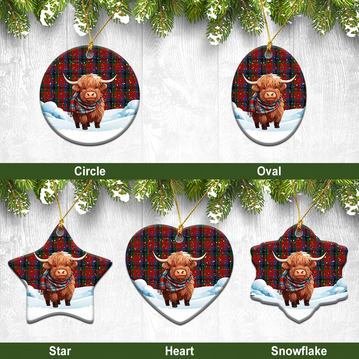 Leith Tartan Christmas Ceramic Ornament - Highland Cows Snow Style