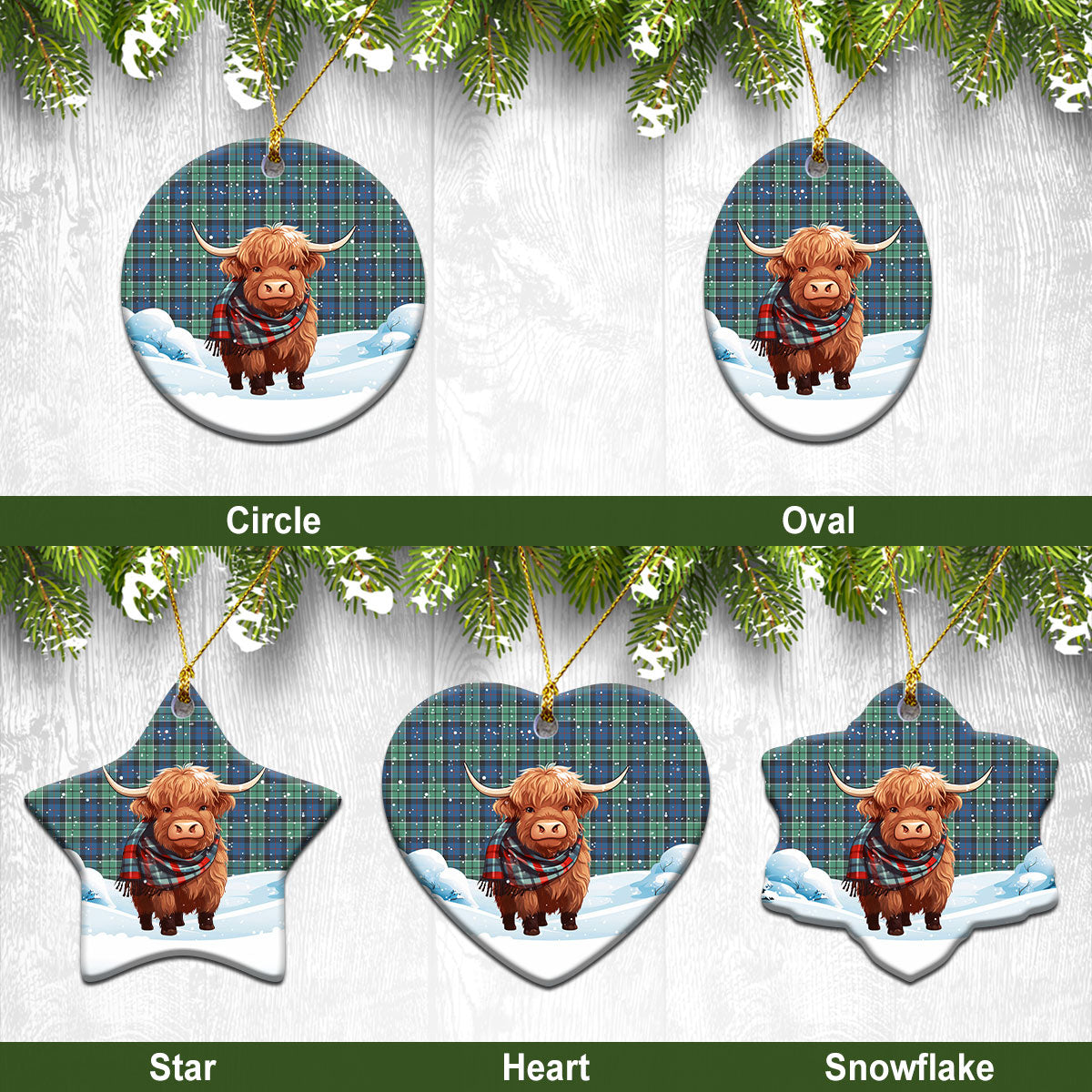 Leslie Hunting Ancient Tartan Christmas Ceramic Ornament - Highland Cows Snow Style