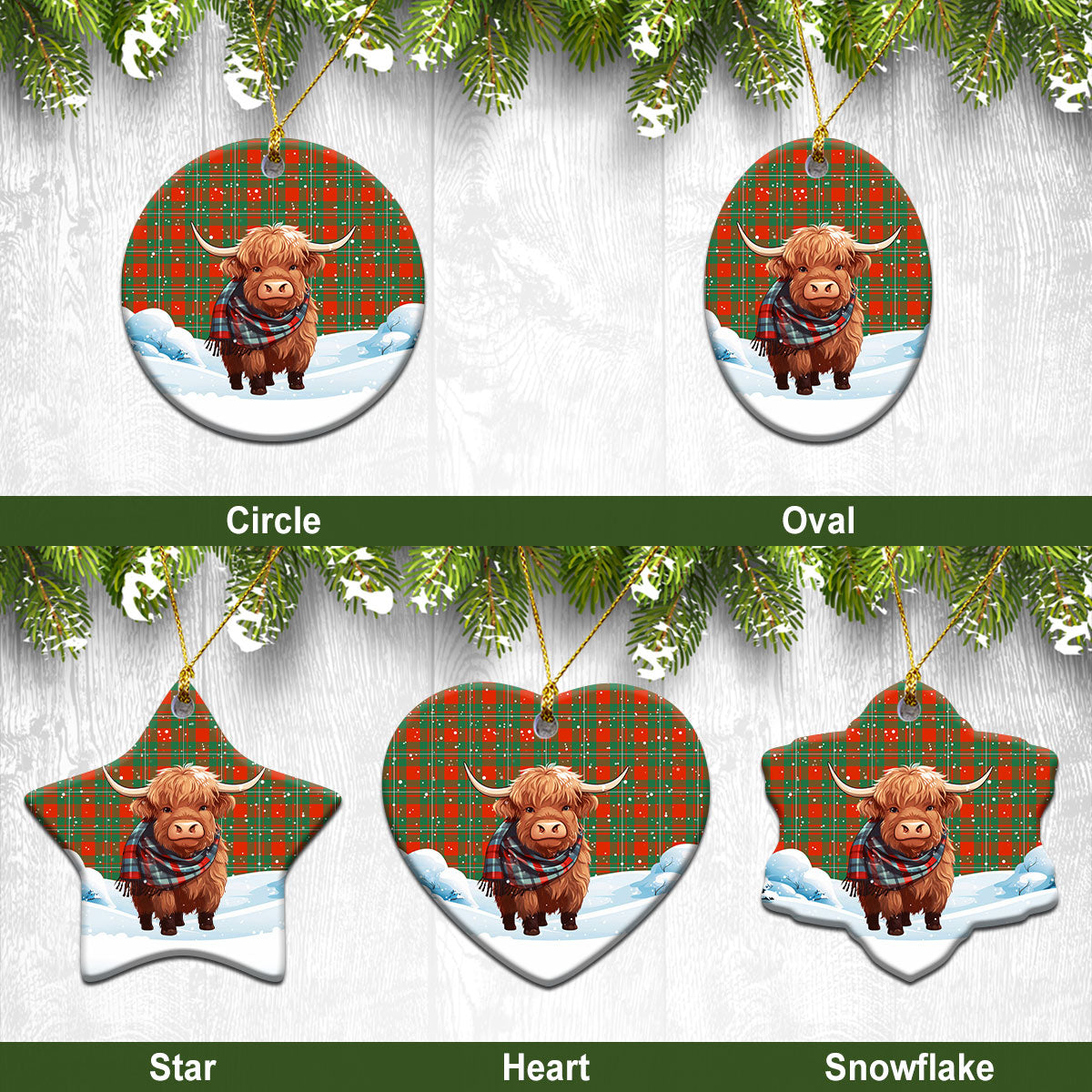 MacGregor Ancient Tartan Christmas Ceramic Ornament - Highland Cows Snow Style