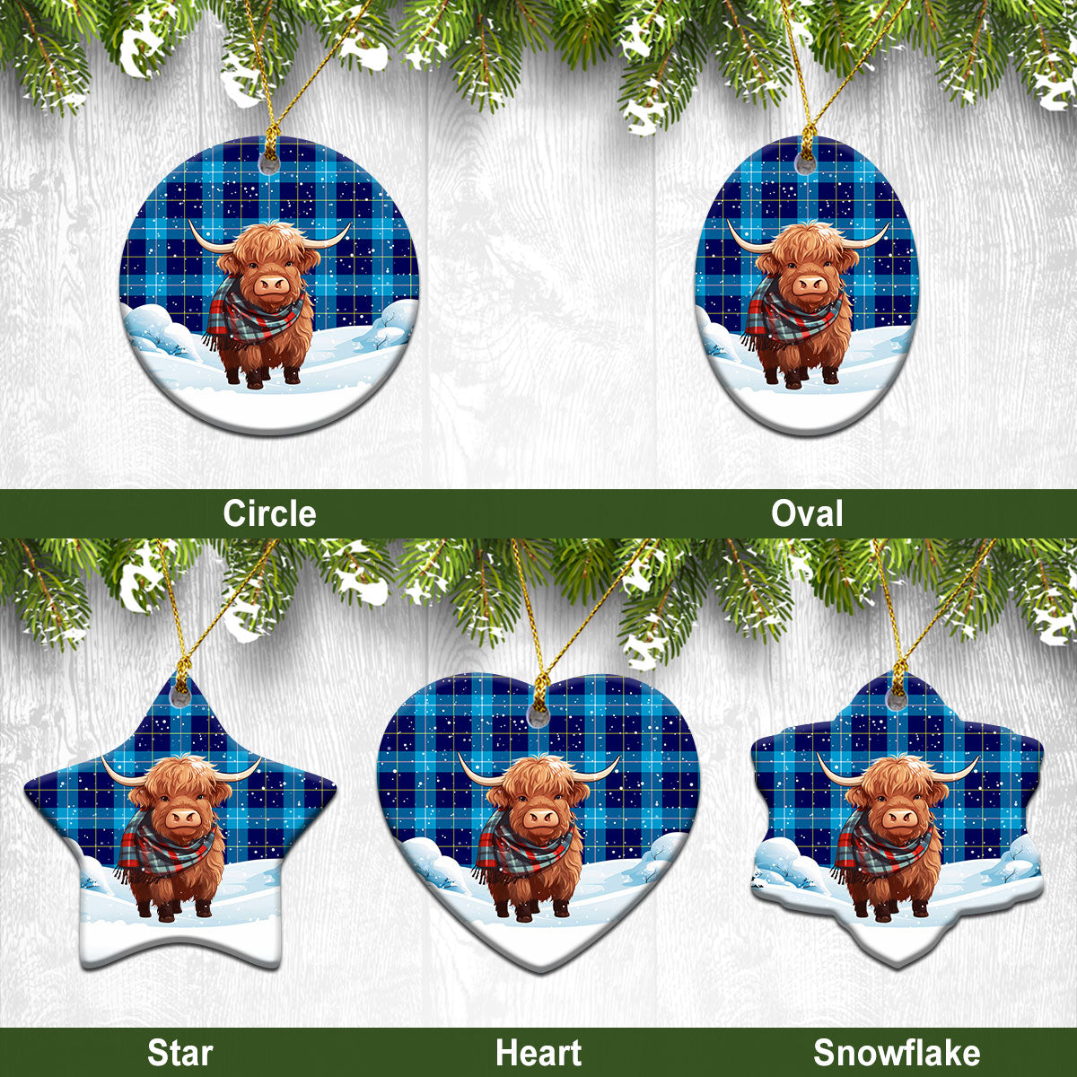 McKerrell Tartan Christmas Ceramic Ornament - Highland Cows Snow Style