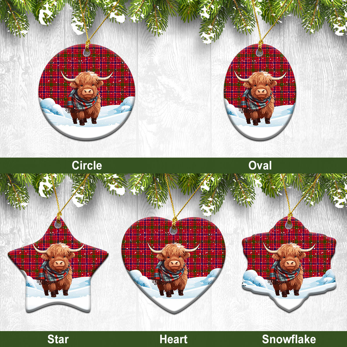 McRae Modern Tartan Christmas Ceramic Ornament - Highland Cows Snow Style