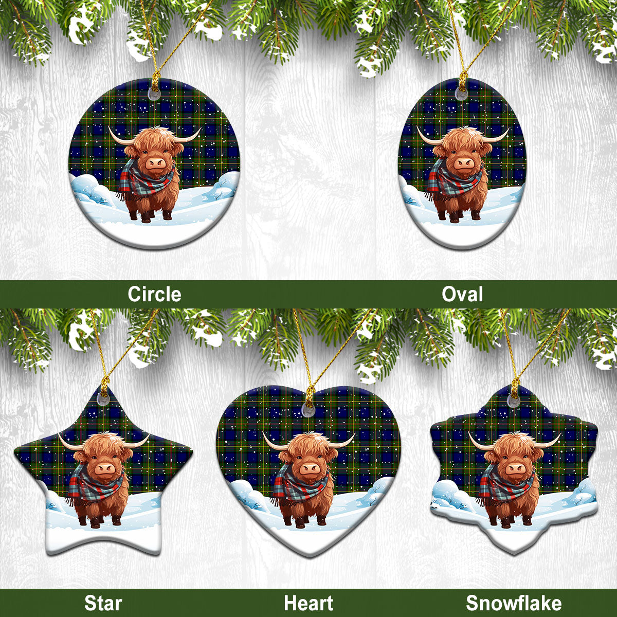 Muir Tartan Christmas Ceramic Ornament - Highland Cows Snow Style