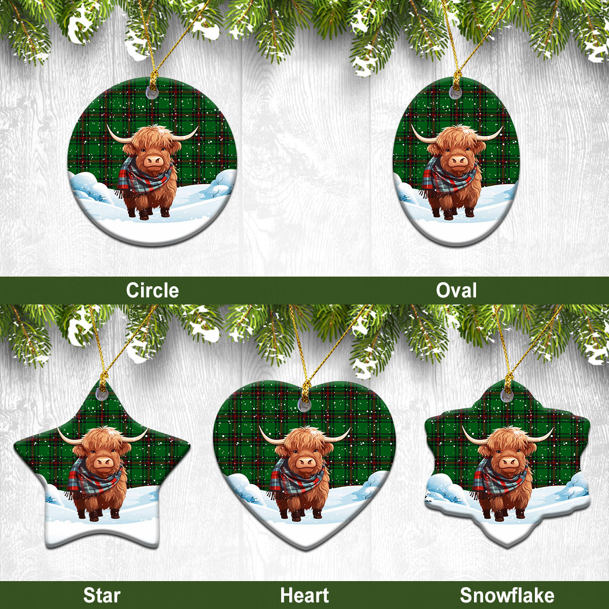 Orrock Tartan Christmas Ceramic Ornament - Highland Cows Snow Style