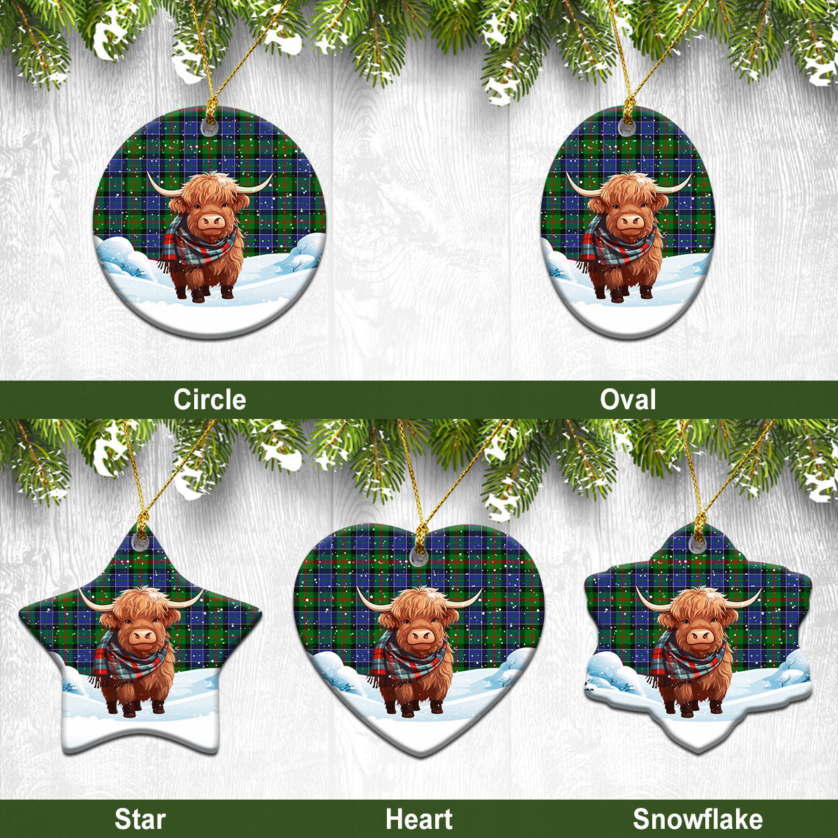 Paterson Tartan Christmas Ceramic Ornament - Highland Cows Snow Style