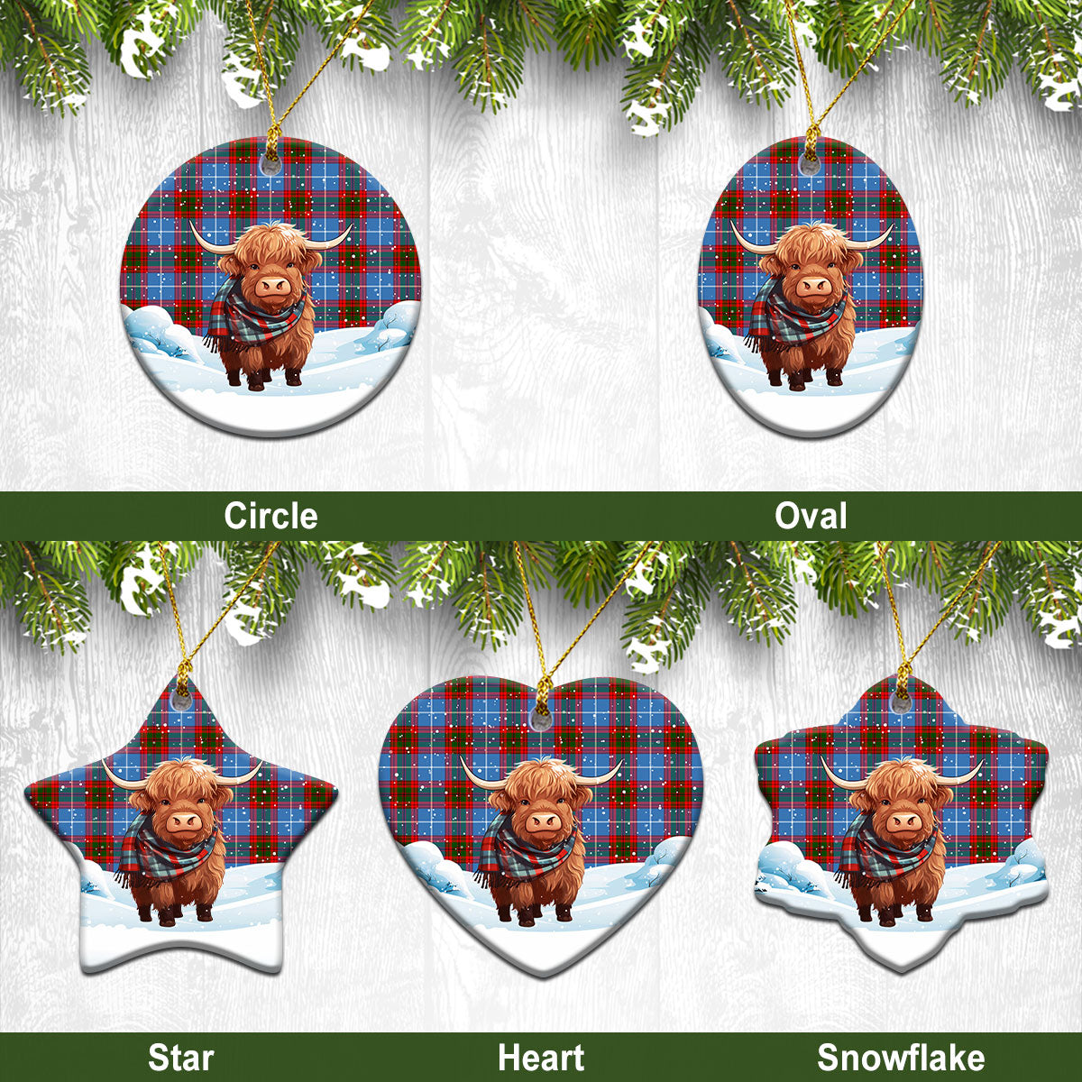 Pentland Tartan Christmas Ceramic Ornament - Highland Cows Snow Style