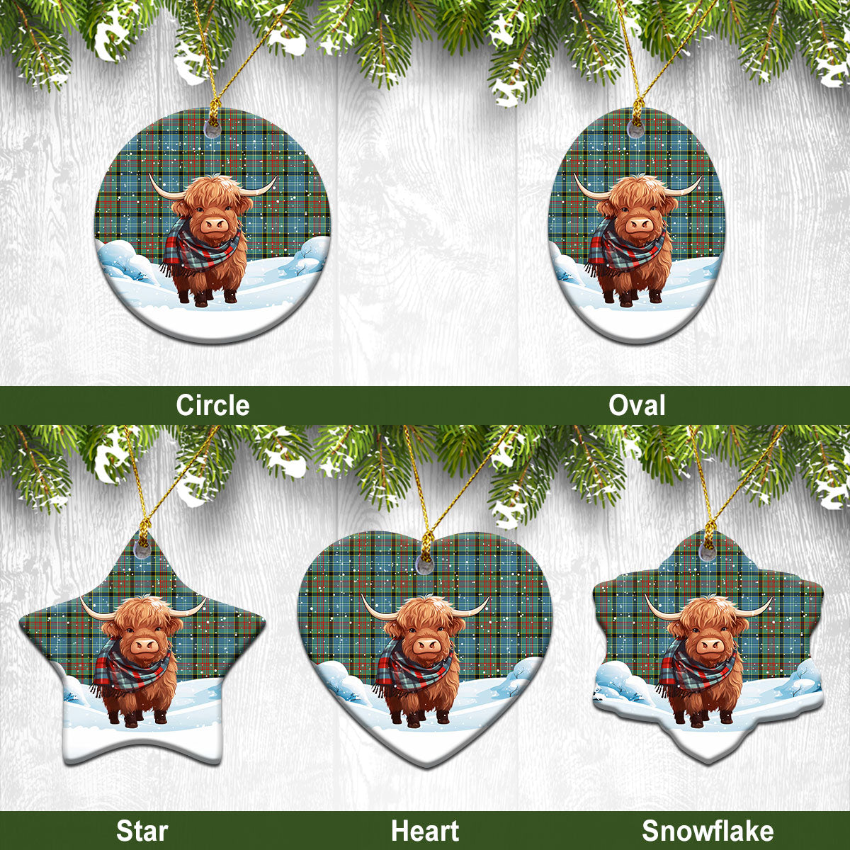 Porterfield Tartan Christmas Ceramic Ornament - Highland Cows Snow Style