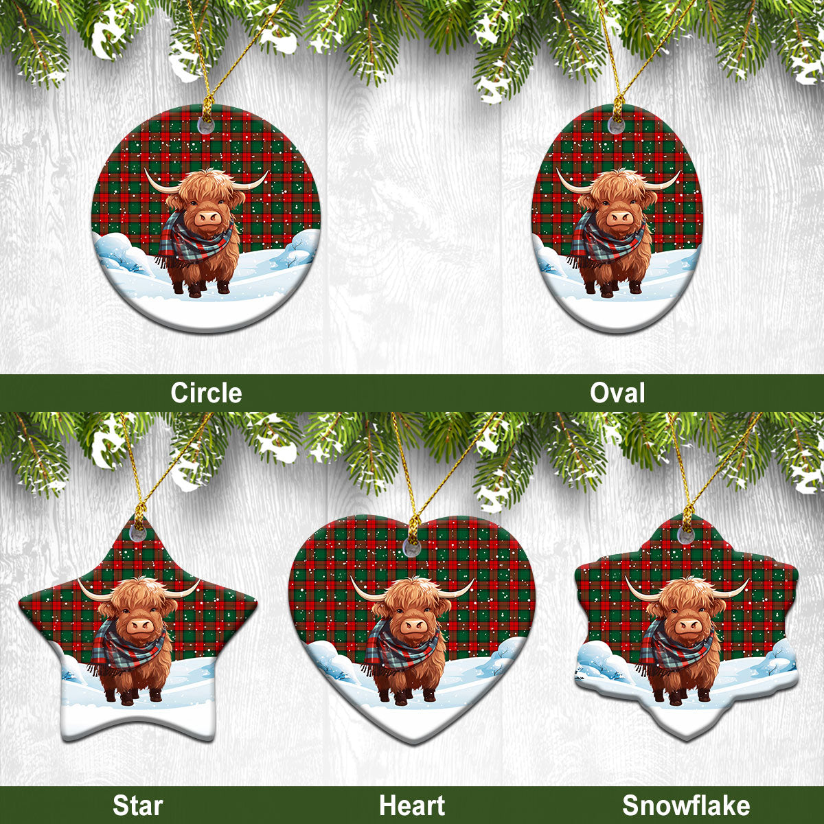 Stewart Atholl Modern Tartan Christmas Ceramic Ornament - Highland Cows Snow Style