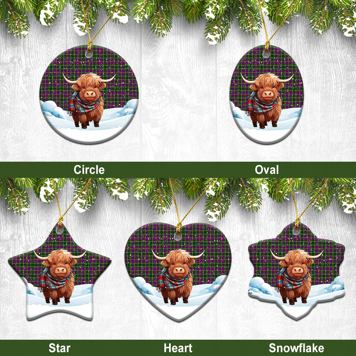 Tailyour (or Taylor) Tartan Christmas Ceramic Ornament - Highland Cows Snow Style
