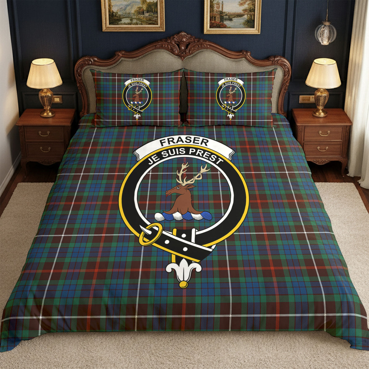 Fraser (of Lovat) Hunting Ancient Tartan Crest Bedding Set
