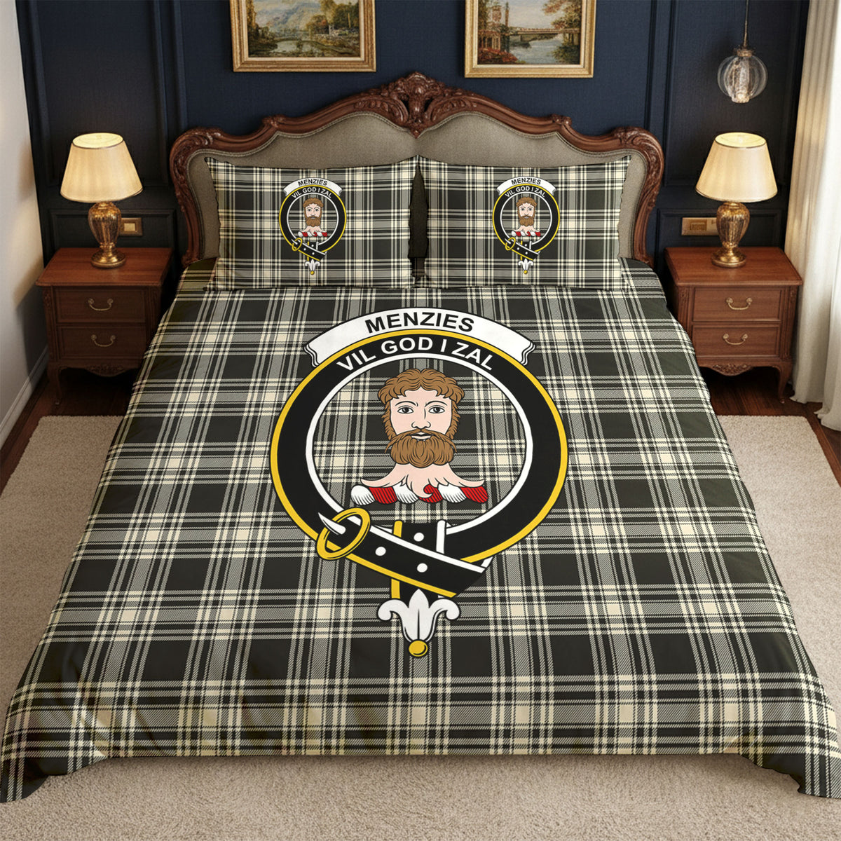 Menzies Black - White Ancient Tartan Crest Bedding Set