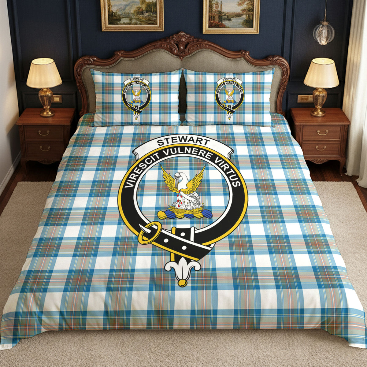 Stewart Muted Blue Tartan Crest Bedding Set