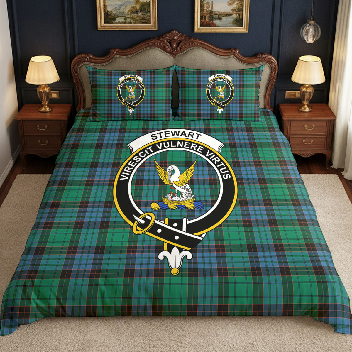 Stewart Old Ancient Tartan Crest Bedding Set