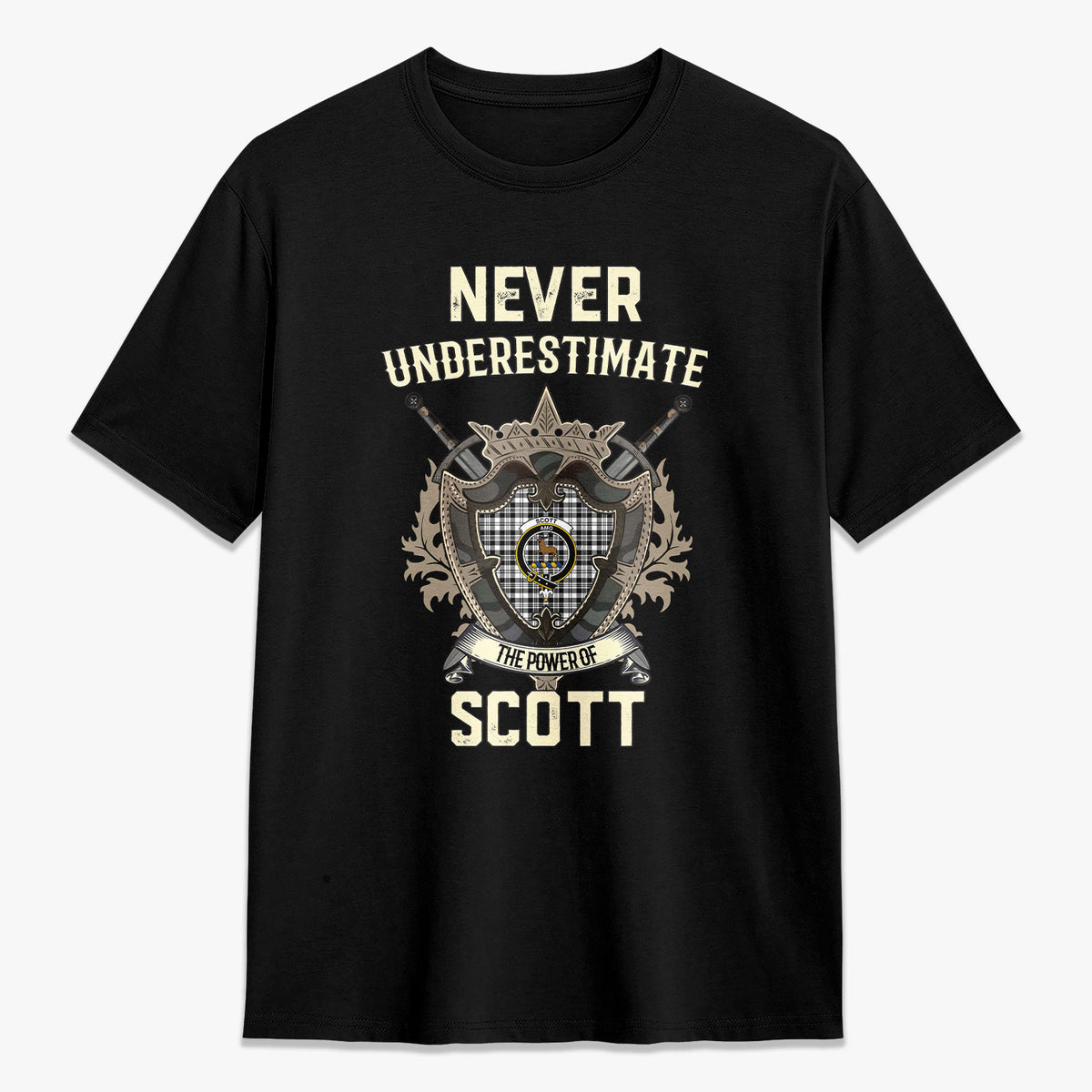 Scott Black & White Modern Tartan Crest 2D T-shirt - Never Underestimate Style
