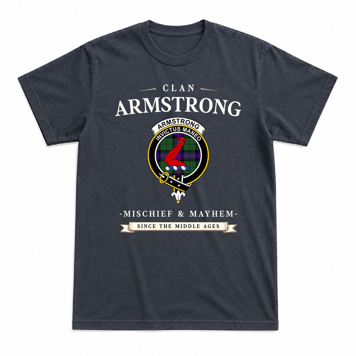 Armstrong Modern Tartan Crest Mischief and Mayhem T-shirt