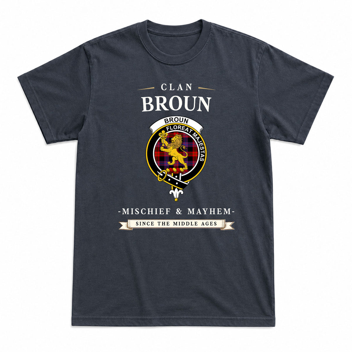 Broun Modern Tartan Crest Mischief and Mayhem T-shirt