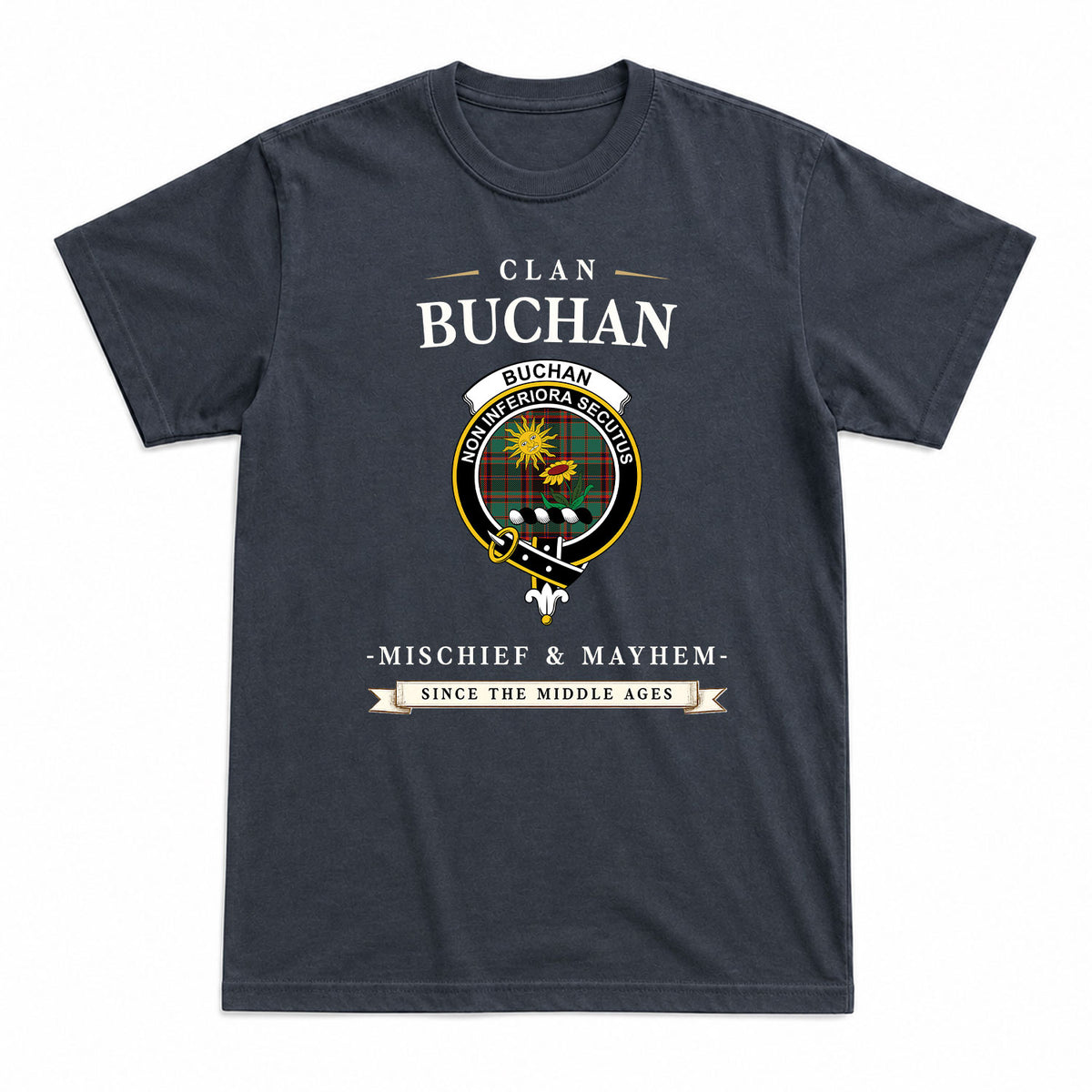 Buchan Ancient Tartan Crest Mischief and Mayhem T-shirt