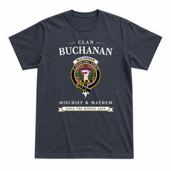 Buchanan Old Set Weathered Tartan Crest Mischief and Mayhem T-shirt