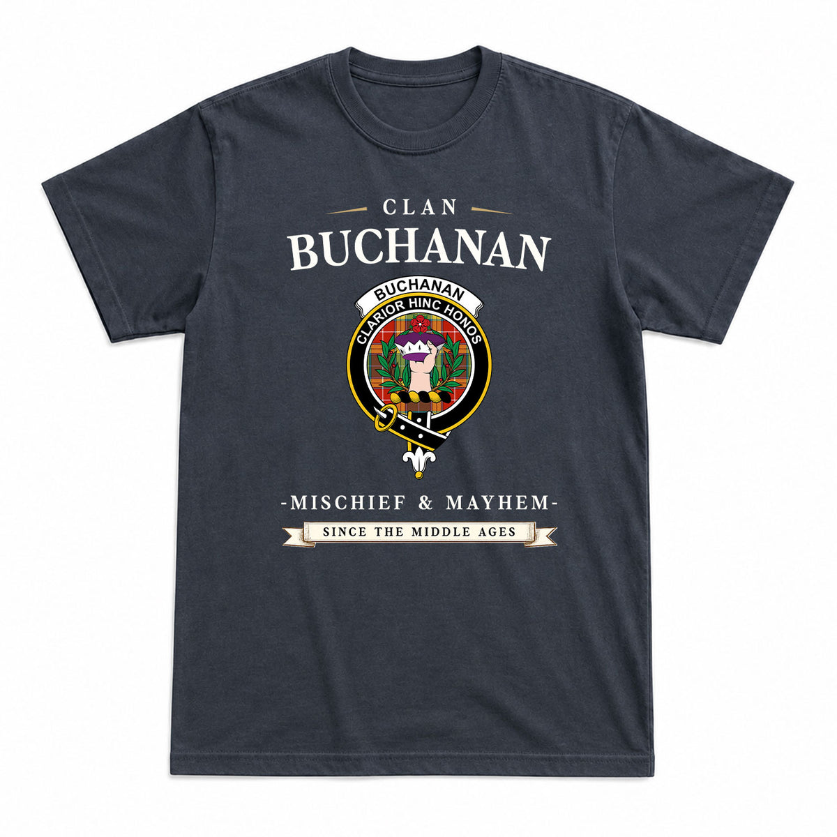 Buchanan Old Sett Tartan Crest Mischief and Mayhem T-shirt