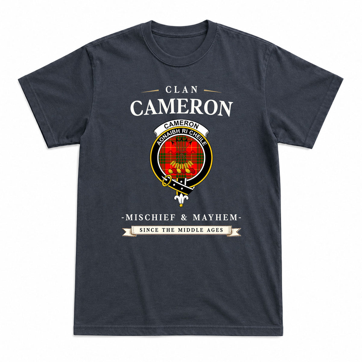 Cameron Modern Tartan Crest Mischief and Mayhem T-shirt