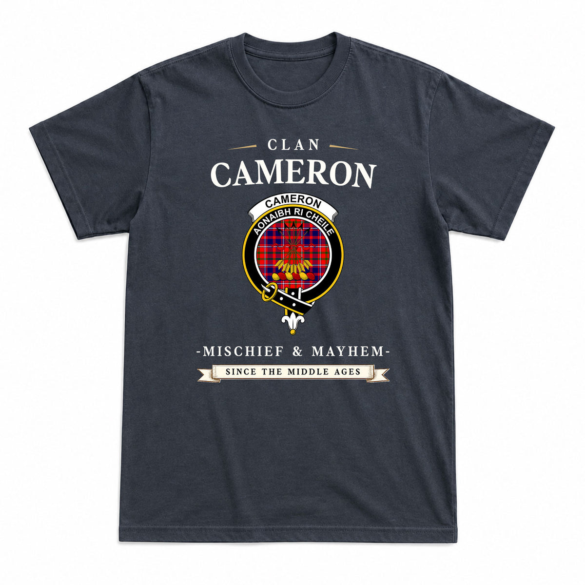 Cameron of Lochiel Modern Tartan Crest Mischief and Mayhem T-shirt