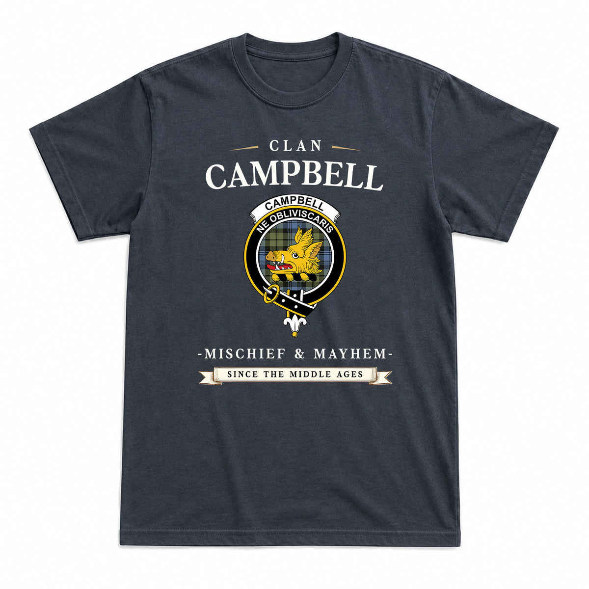 Campbell Faded Tartan Crest Mischief and Mayhem T-shirt