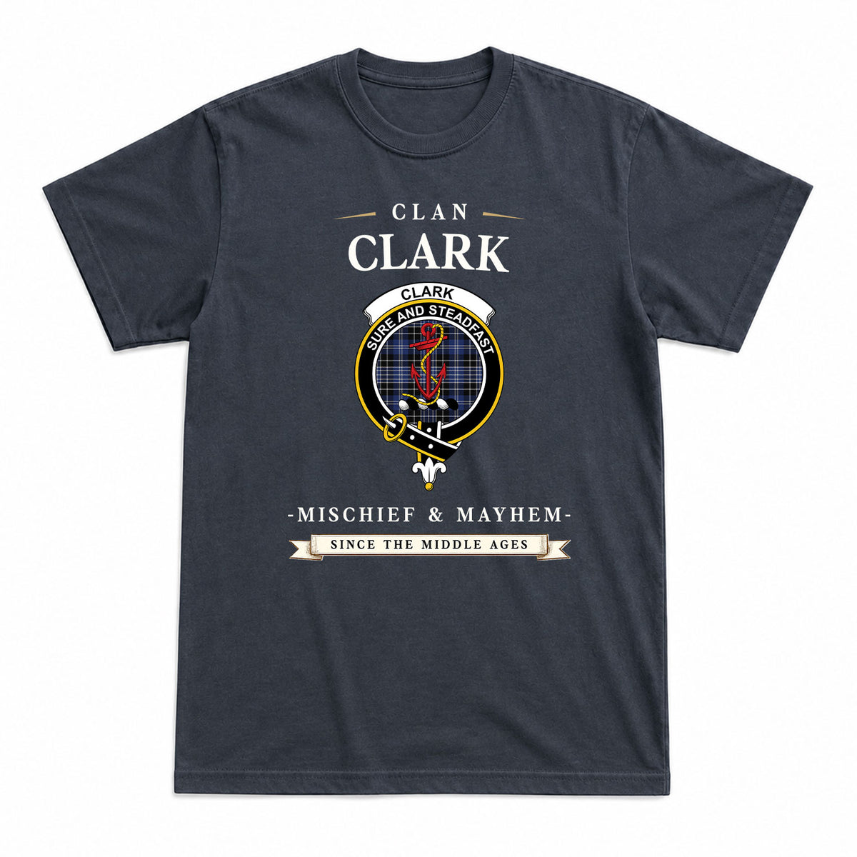Clark Modern Tartan Crest Mischief and Mayhem T-shirt