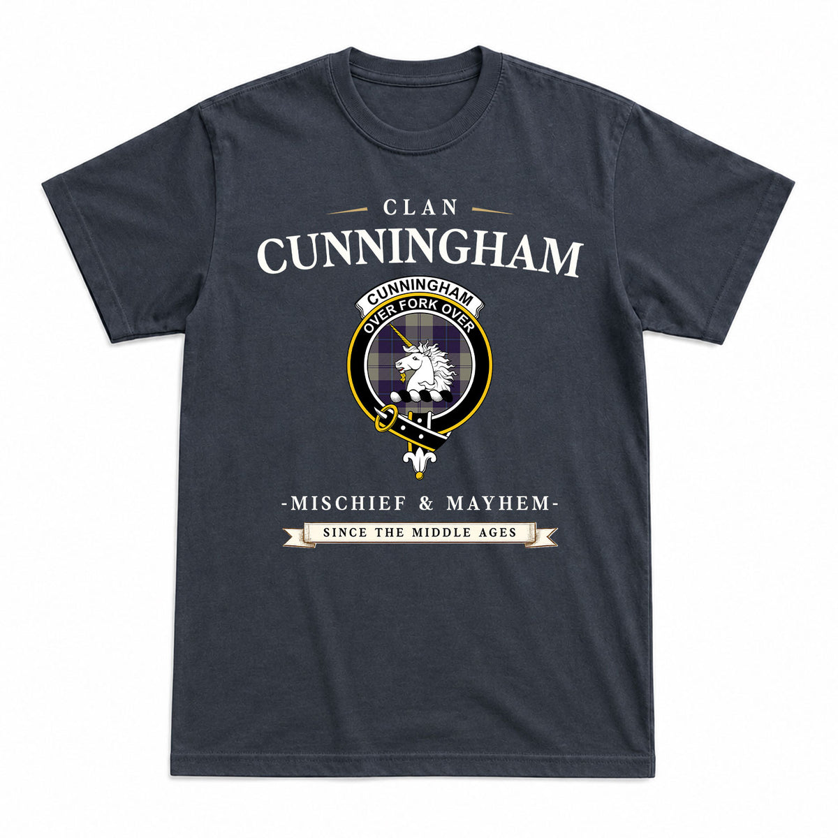 Cunningham Dress Blue Dancers Tartan Crest Mischief and Mayhem T-shirt