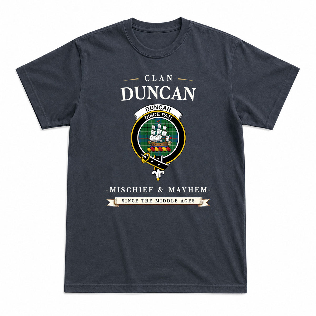 Duncan Ancient Tartan Crest Mischief and Mayhem T-shirt