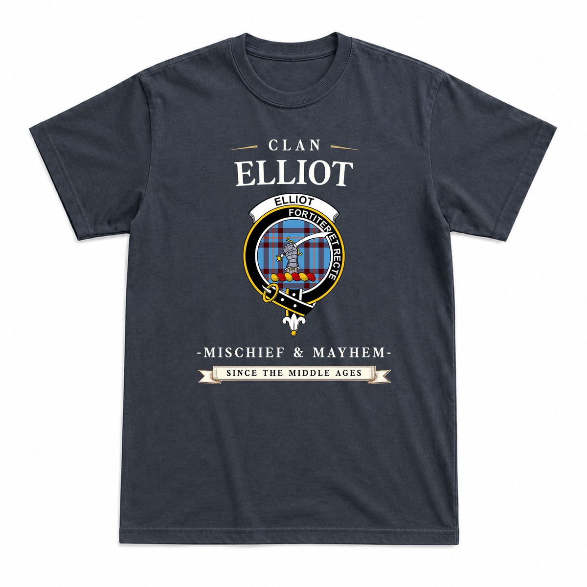 Elliot Ancient Tartan Crest Mischief and Mayhem T-shirt