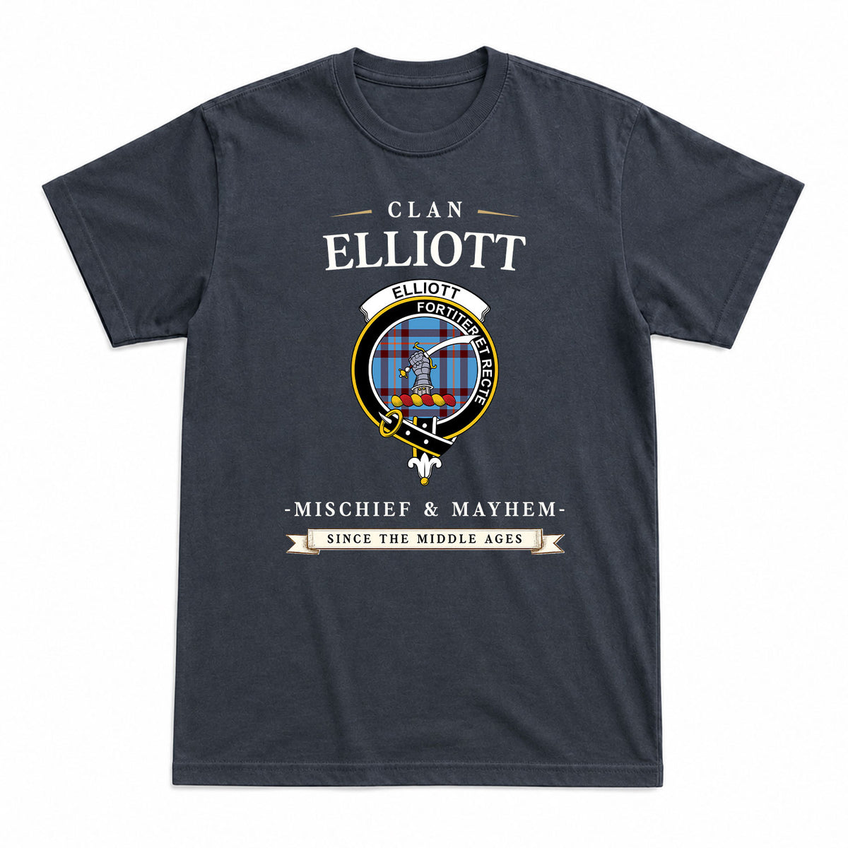 Elliott Ancient Tartan Crest Mischief and Mayhem T-shirt
