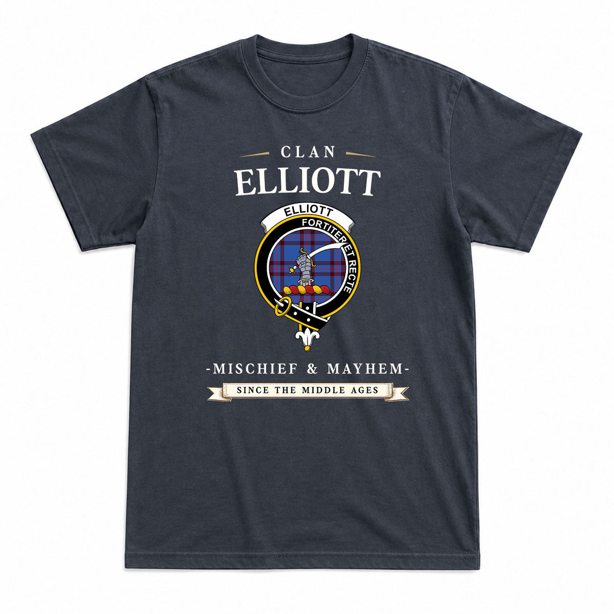 Elliott Modern Tartan Crest Mischief and Mayhem T-shirt