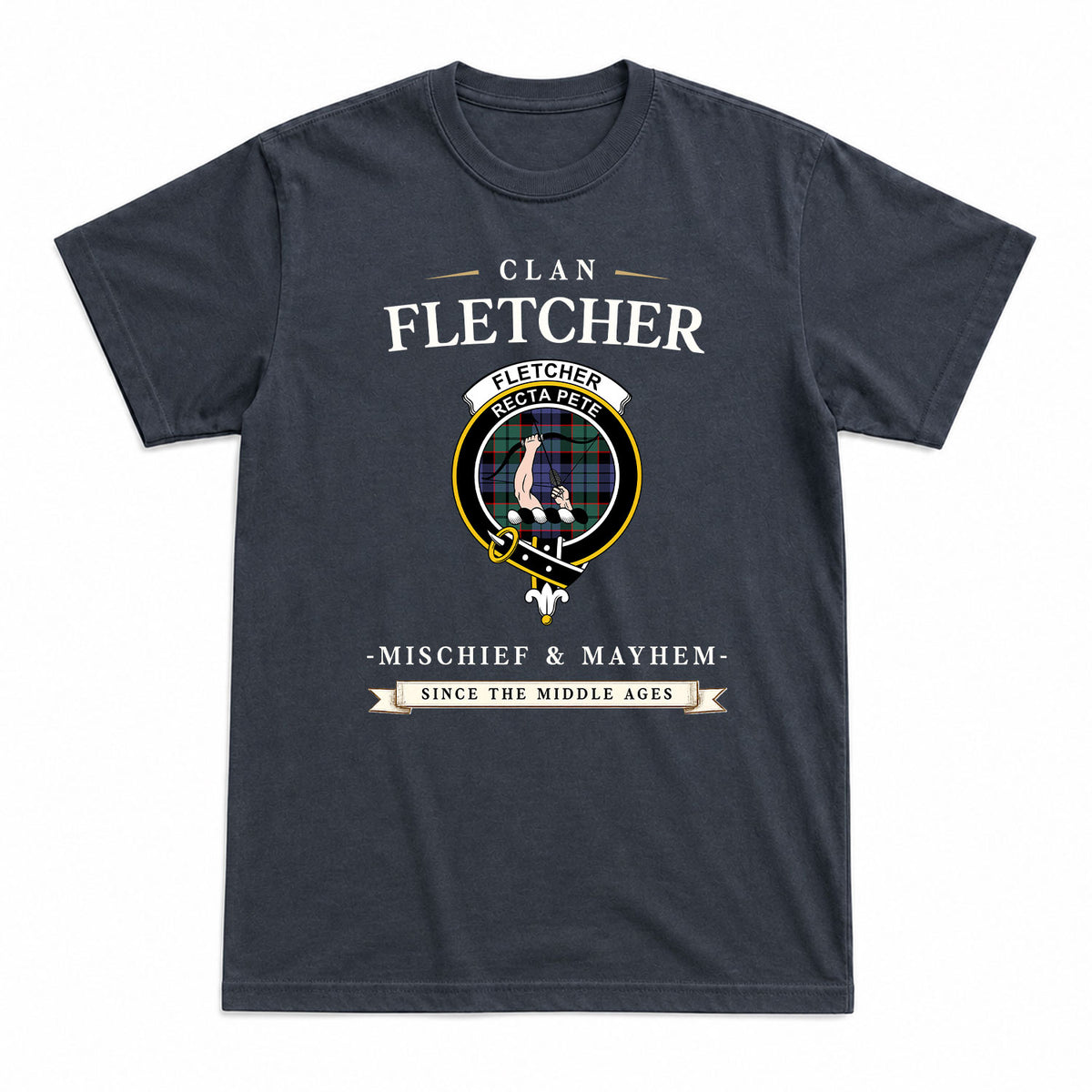 Fletcher Modern Tartan Crest Mischief and Mayhem T-shirt