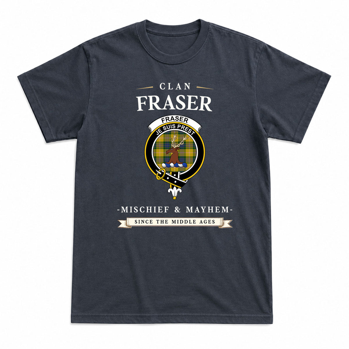 Fraser (of Lovat) Yellow Tartan Crest Mischief and Mayhem T-shirt