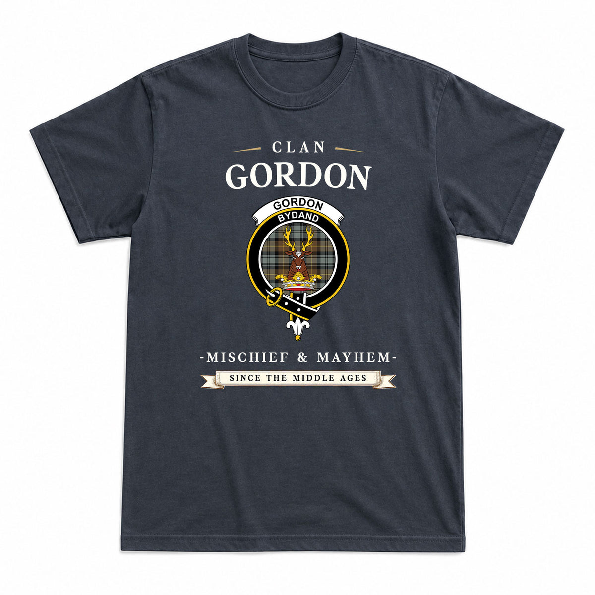 Gordon Weathered Tartan Crest Mischief and Mayhem T-shirt