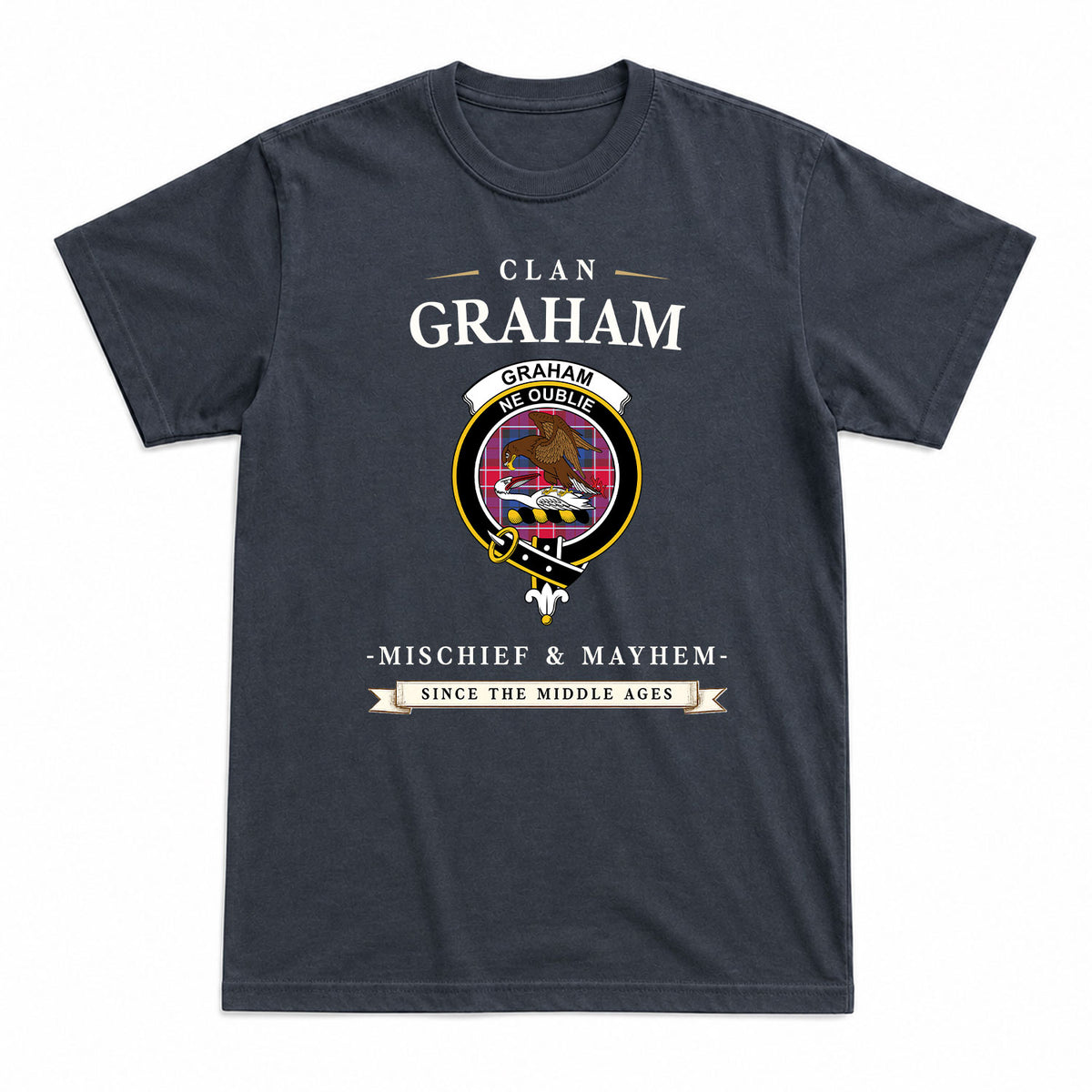 Graham of Menteith Red Tartan Crest Mischief and Mayhem T-shirt