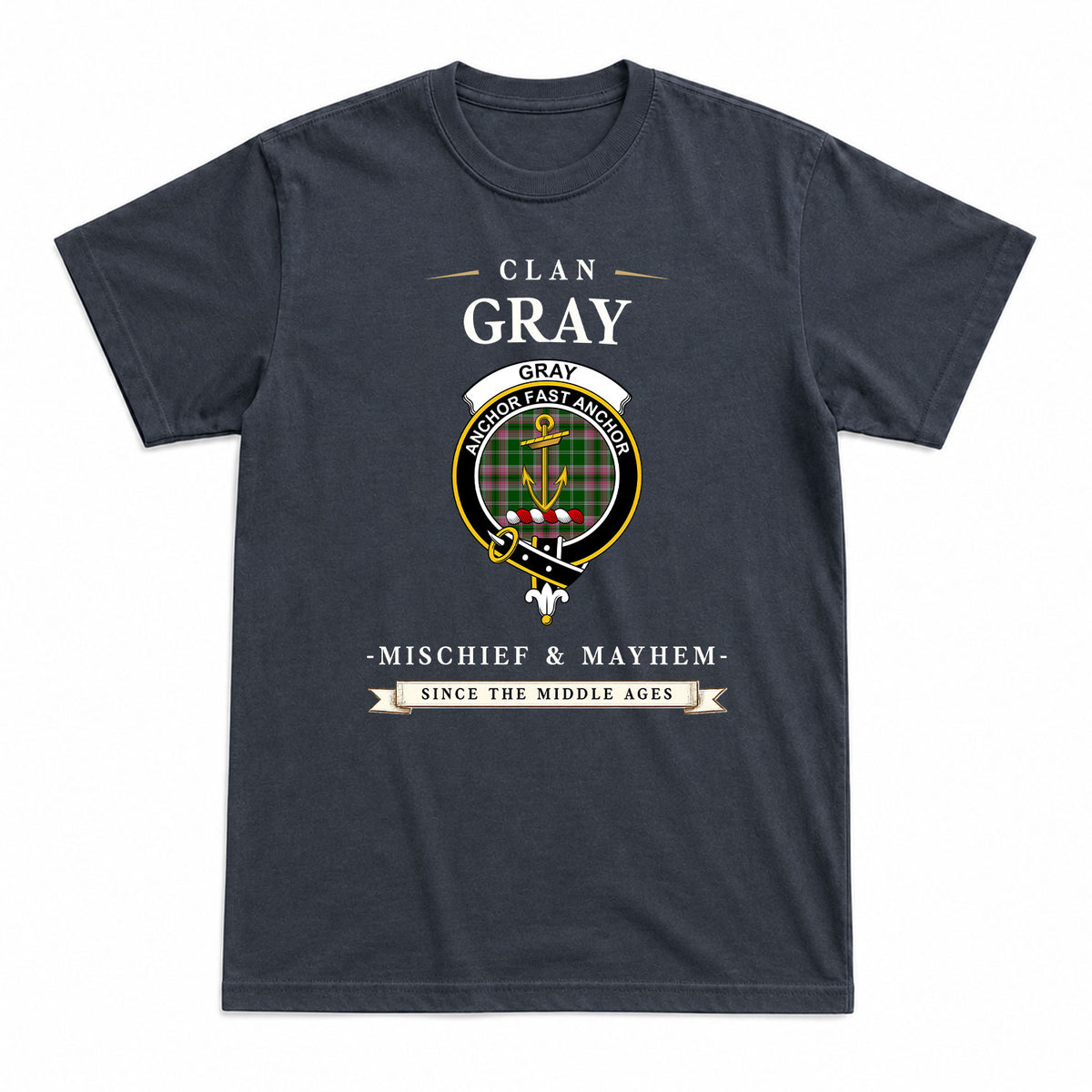 Gray Hunting Tartan Crest Mischief and Mayhem T-shirt
