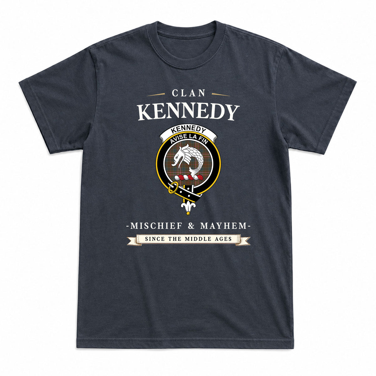 Kennedy Weathered Tartan Crest Mischief and Mayhem T-shirt