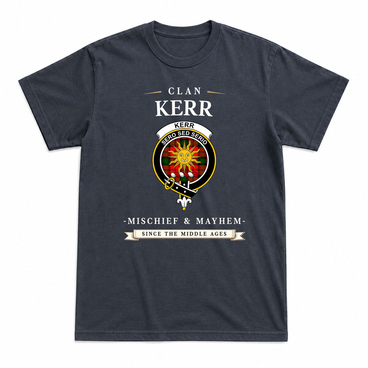 Kerr Modern Tartan Crest Mischief and Mayhem T-shirt